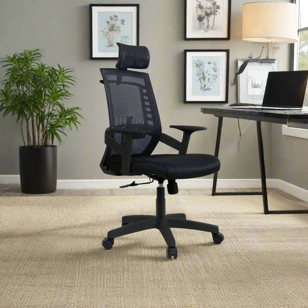 كرسي مكتب شبك – أسود مع مسند رأس | مريح وعملي