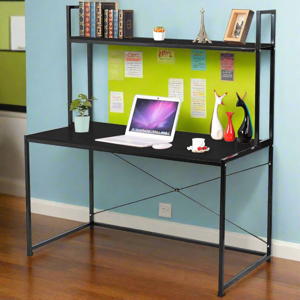 مكتب خشب ملامين مع هيكل حديد وأرفف علوية – تصميم عصري أنيق – MTC-017 | مكتب عملي ومتقن لمظهر راقٍ ومنظم