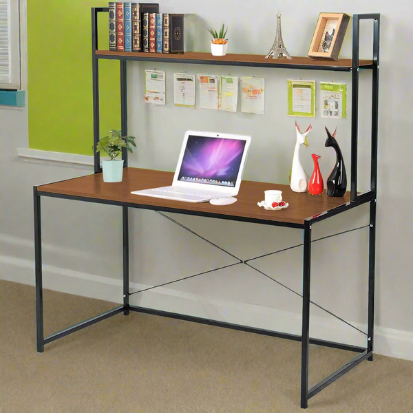 مكتب خشب ملامين مع هيكل حديد وأرفف علوية بتصميم عصري – MTC-018 | مكتب متين وأنيق يجمع بين القوة والتنظيم