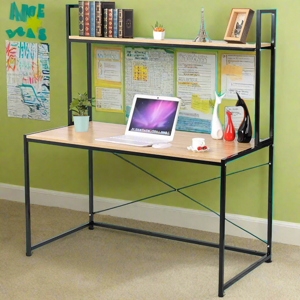 مكتب خشب ملامين مع هيكل حديد وأرفف علوية بتصميم عصري – MTC-019 | مكتب أنيق يجمع بين المتانة والتنظيم